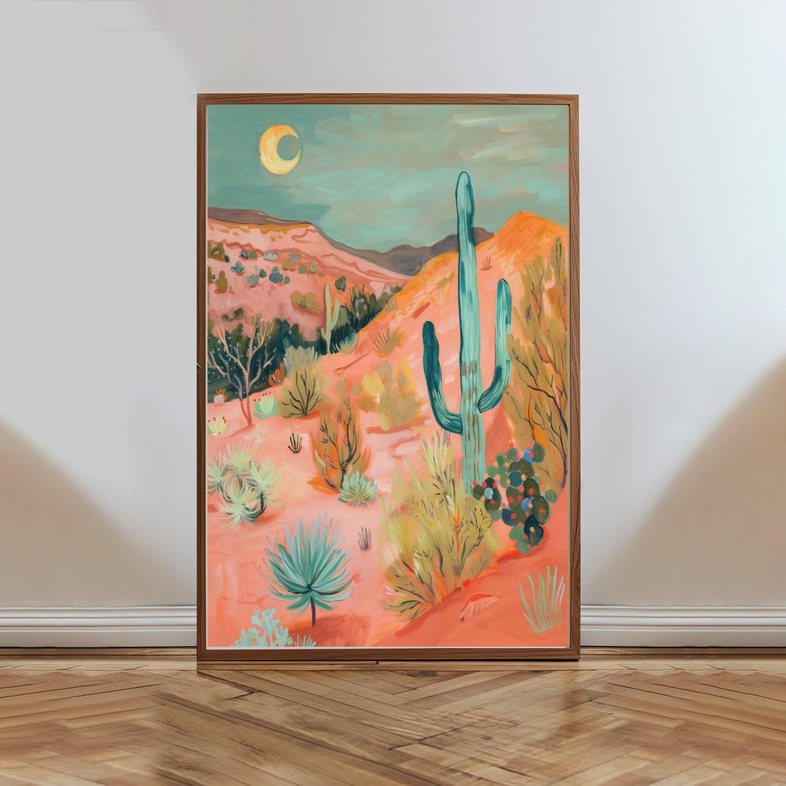 Desert Valley Under Crescent Moon Pastel Southwest Night Poster