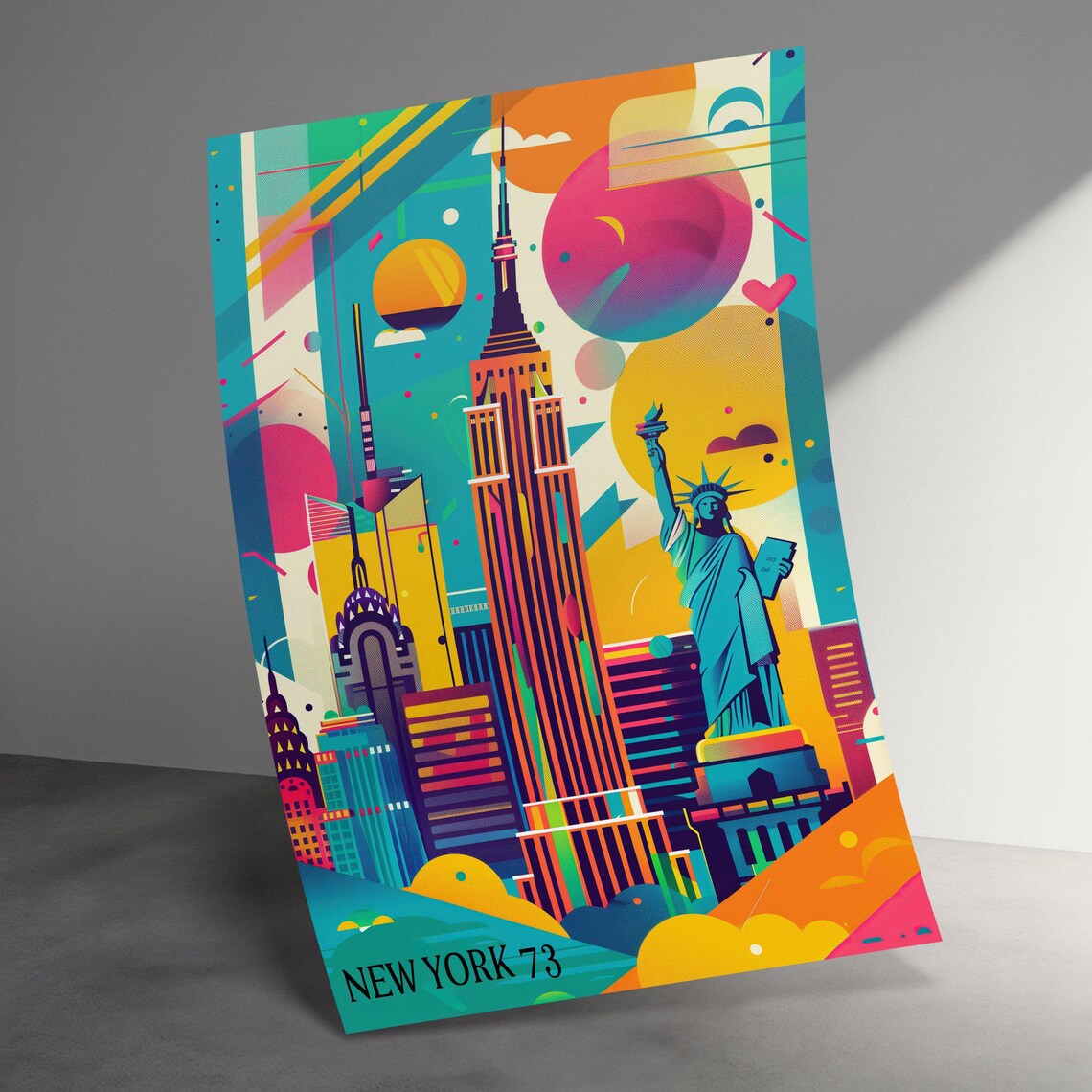 Colorful Vibrant Retro New York 73 Pop Art City Skyline Travel Poster - Image 3