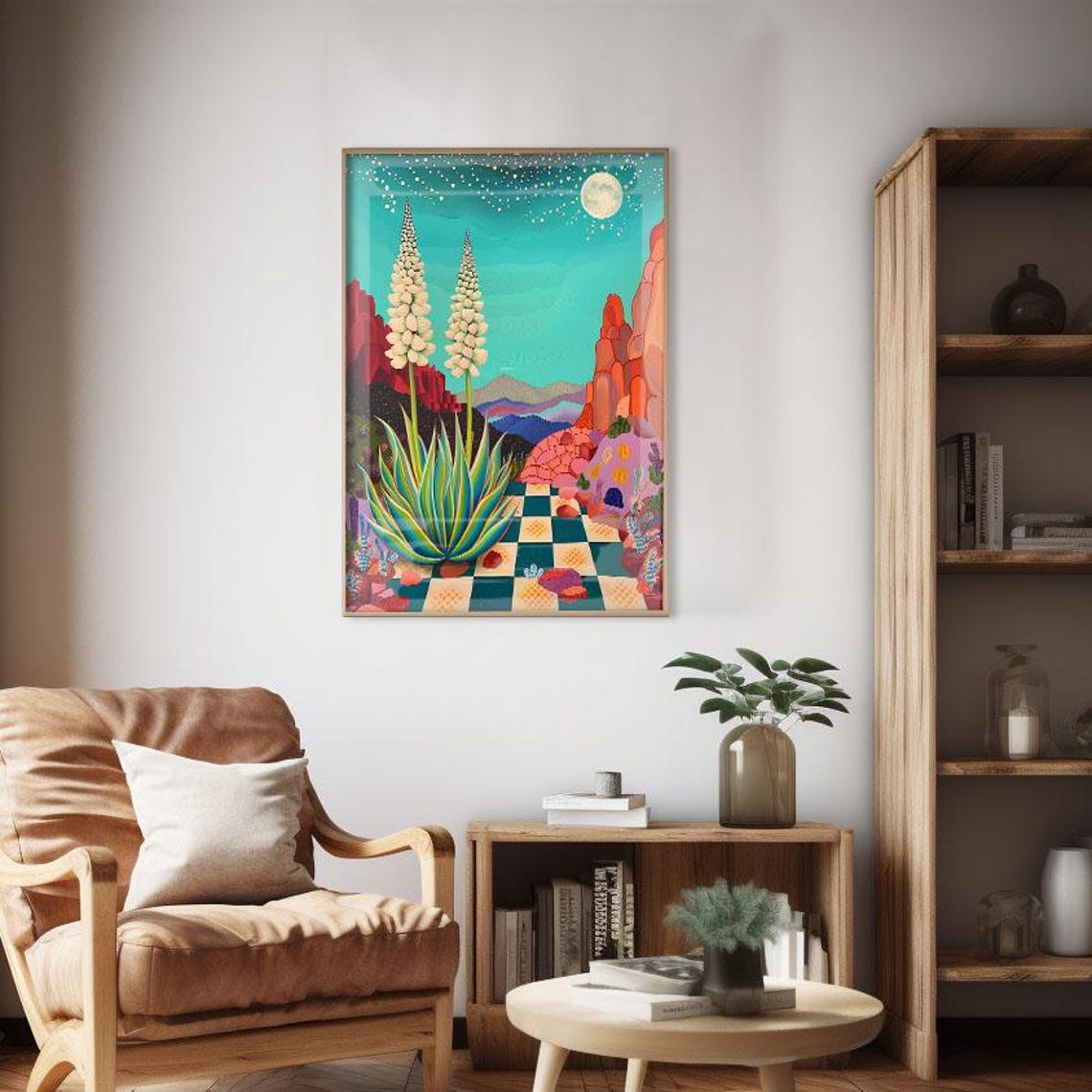 Desert Moon Night Surreal Agave Checkerboard Landscape Poster - Image 2