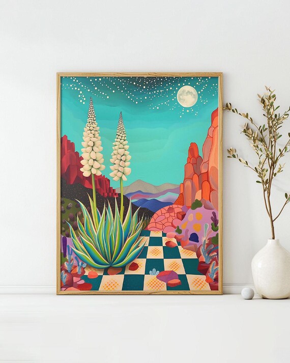 Colorful Desert Twilight California Art Poster Midcentury Modern Travel Wall Art Painting As Print Unique Design