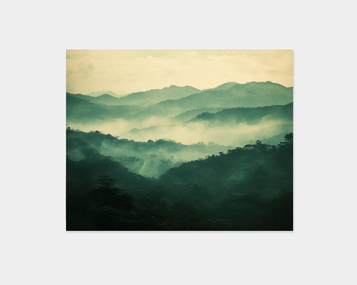 Misty Green Mountain Ranges Foggy Valley Landscape Art Poster - Image 2
