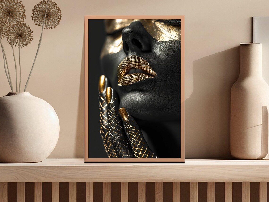 Black and Gold Woman Portrait Glam Gold Lips Luxury Art Poster - Image 2