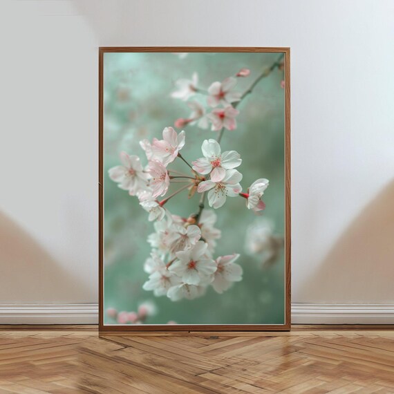 Cherry Blossom Branch Mint Green Soft Spring Floral Photo Poster
