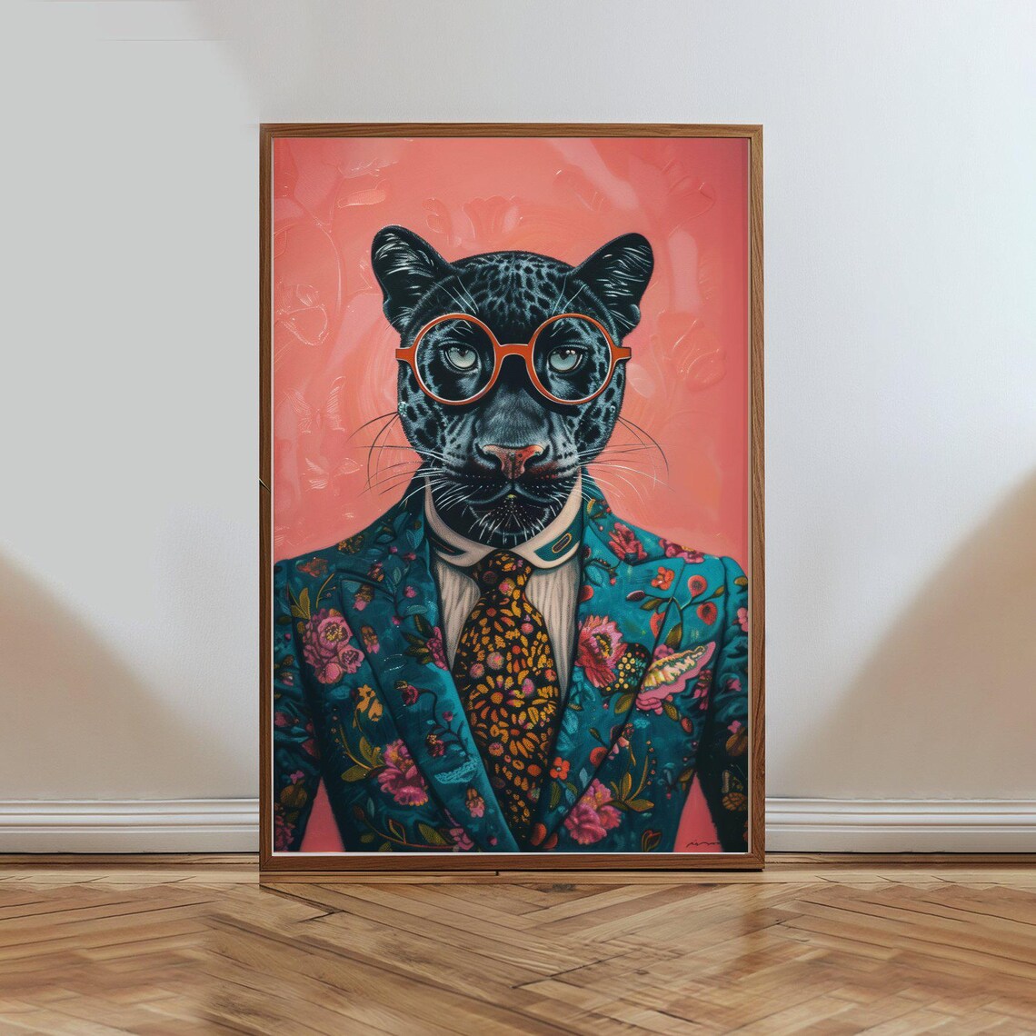 Dapper Panther In Orange Glasses Floral Suit Fun Animal Art Poster