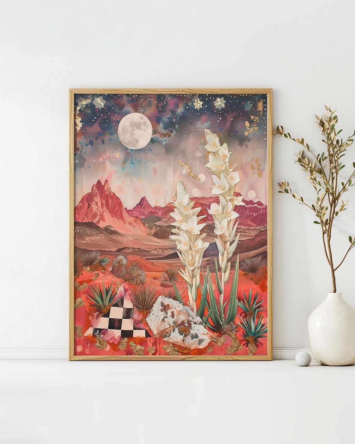 Dreamy Galactic Bloom White Yucca Full Moon Cosmic Desert Poster