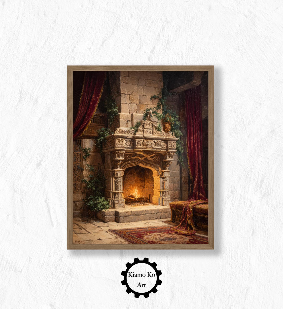 Ornate Stone Fireplace With Roaring Fire Cozy Evening Wall Art