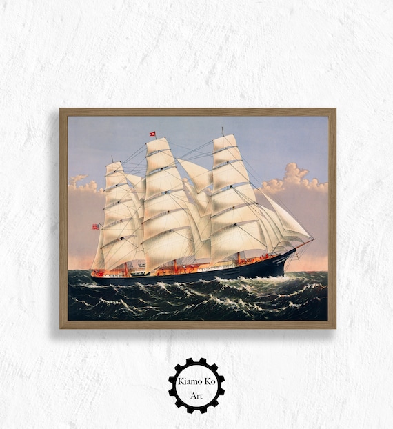 Clipper Ship Full Sails Ocean Voyage Vintage Nautical Maritime Art Poster
