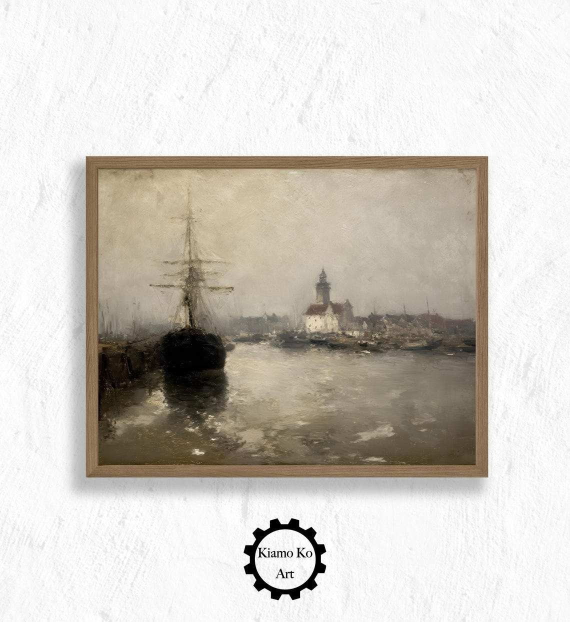 Tall Ship in a Misty Harbor with Lighthouse Vintage Maritime Poster