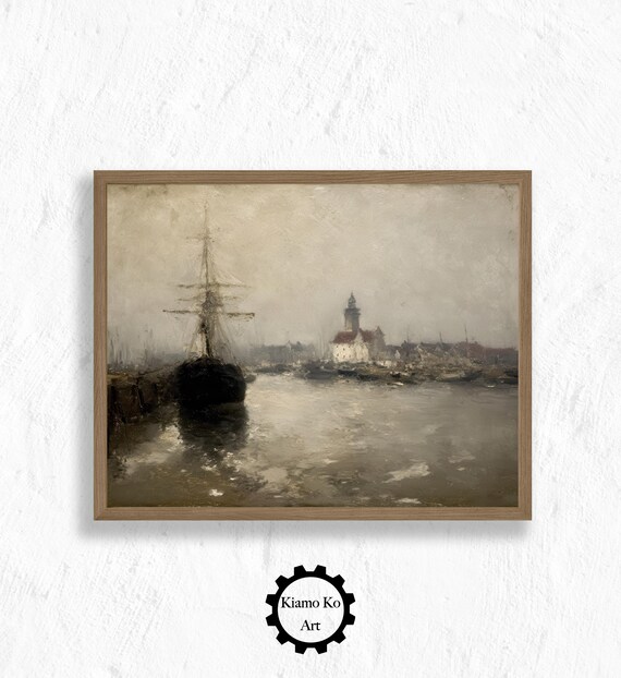 Tall Ship in a Misty Harbor with Lighthouse Vintage Maritime Poster