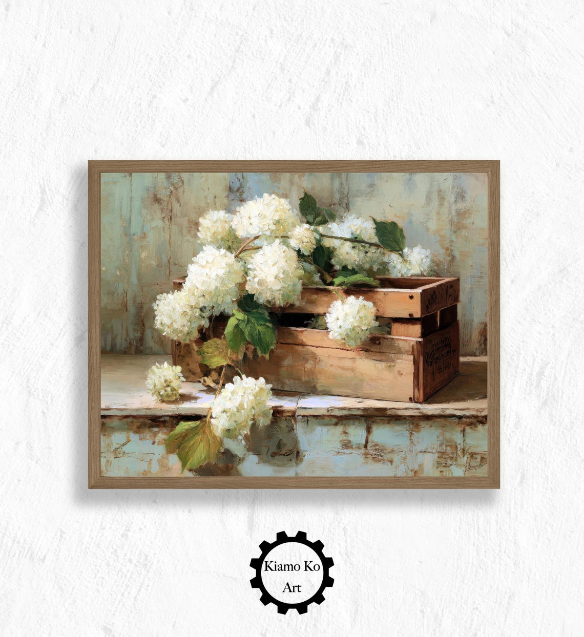White Hydrangeas in a Wooden Crate Rustic Floral Still Life Poster