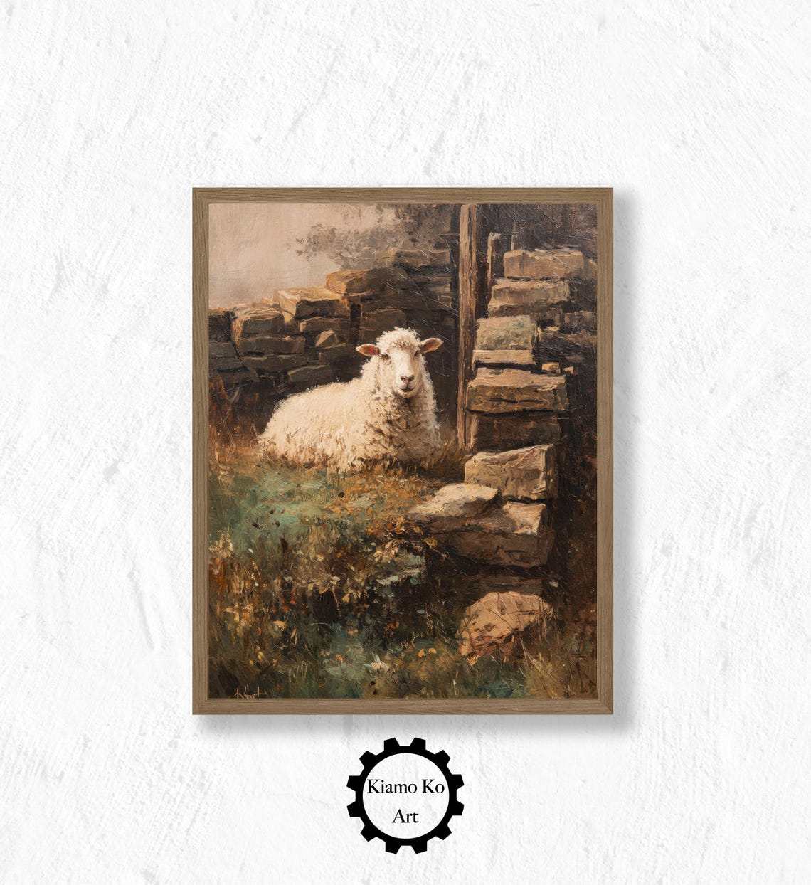 White Sheep Resting Beside A Rustic Country Stone Wall Poster