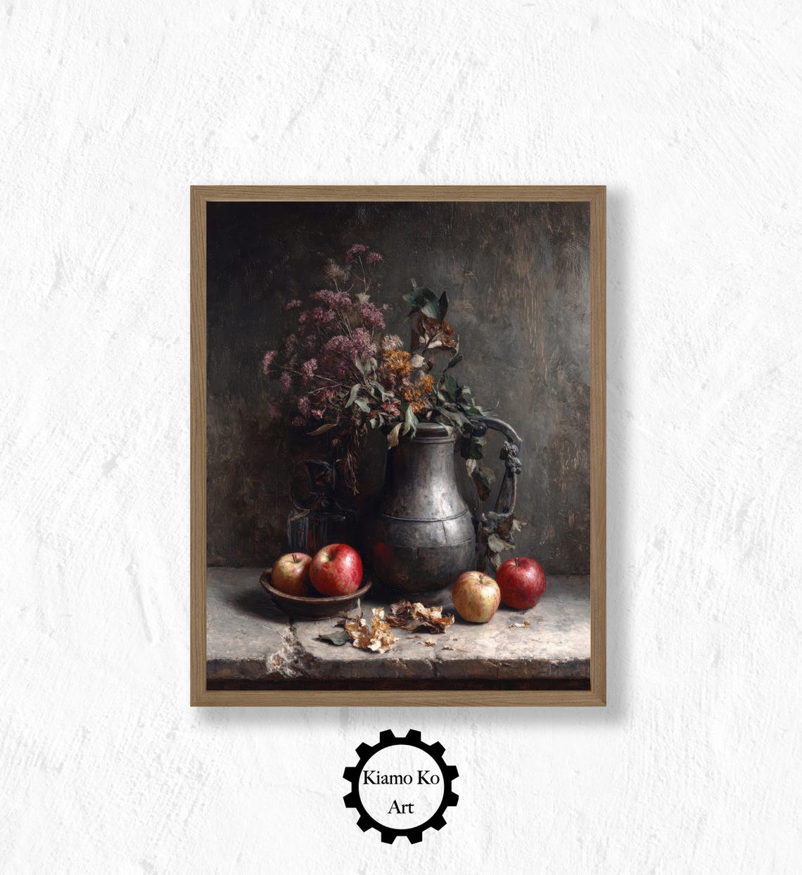 Apples and Dried Flowers with a Pewter Pitcher Moody Still Life Poster