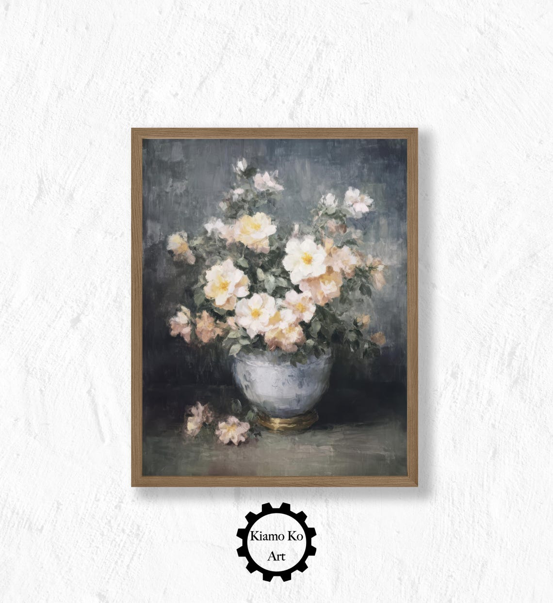 Soft White Roses in a Porcelain Vase Dark Moody Floral Art Poster