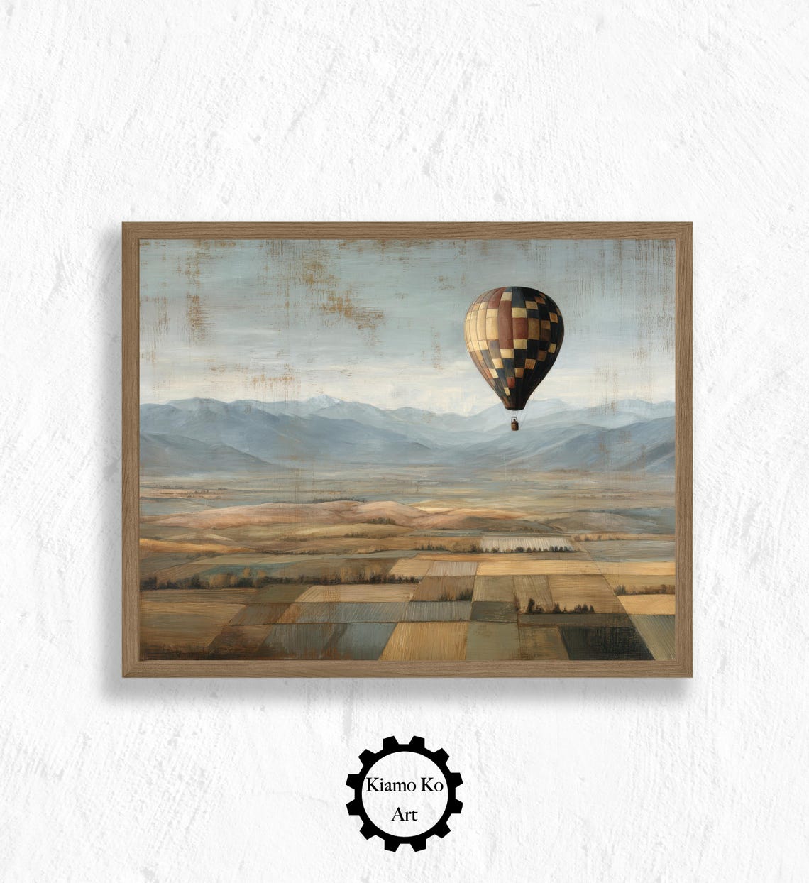 Hot Air Balloon Drifting Over Patchwork Valley Adventure Wall Art