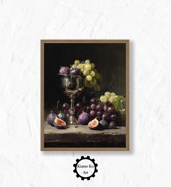 Silver Goblet with Grapes and Figs Dark Still Life Art Poster