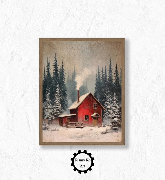 Snowy Farm At Dusk Red Barn Horses Under Moonlight Art Poster