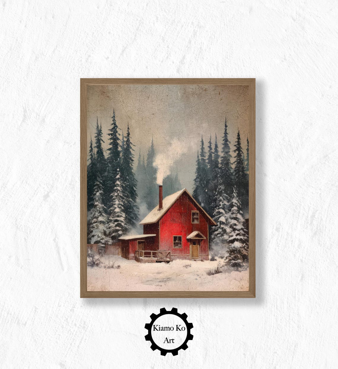 Snowy Farm At Dusk Red Barn Horses Under Moonlight Art Poster