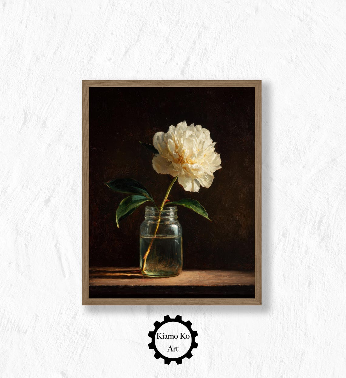 Single White Peony in a Glass Jar on Dark Moody Background Poster