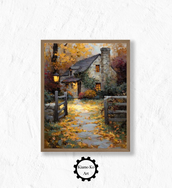 Stone Cottage at Dusk with a Glowing Lamp Autumn Evening Poster