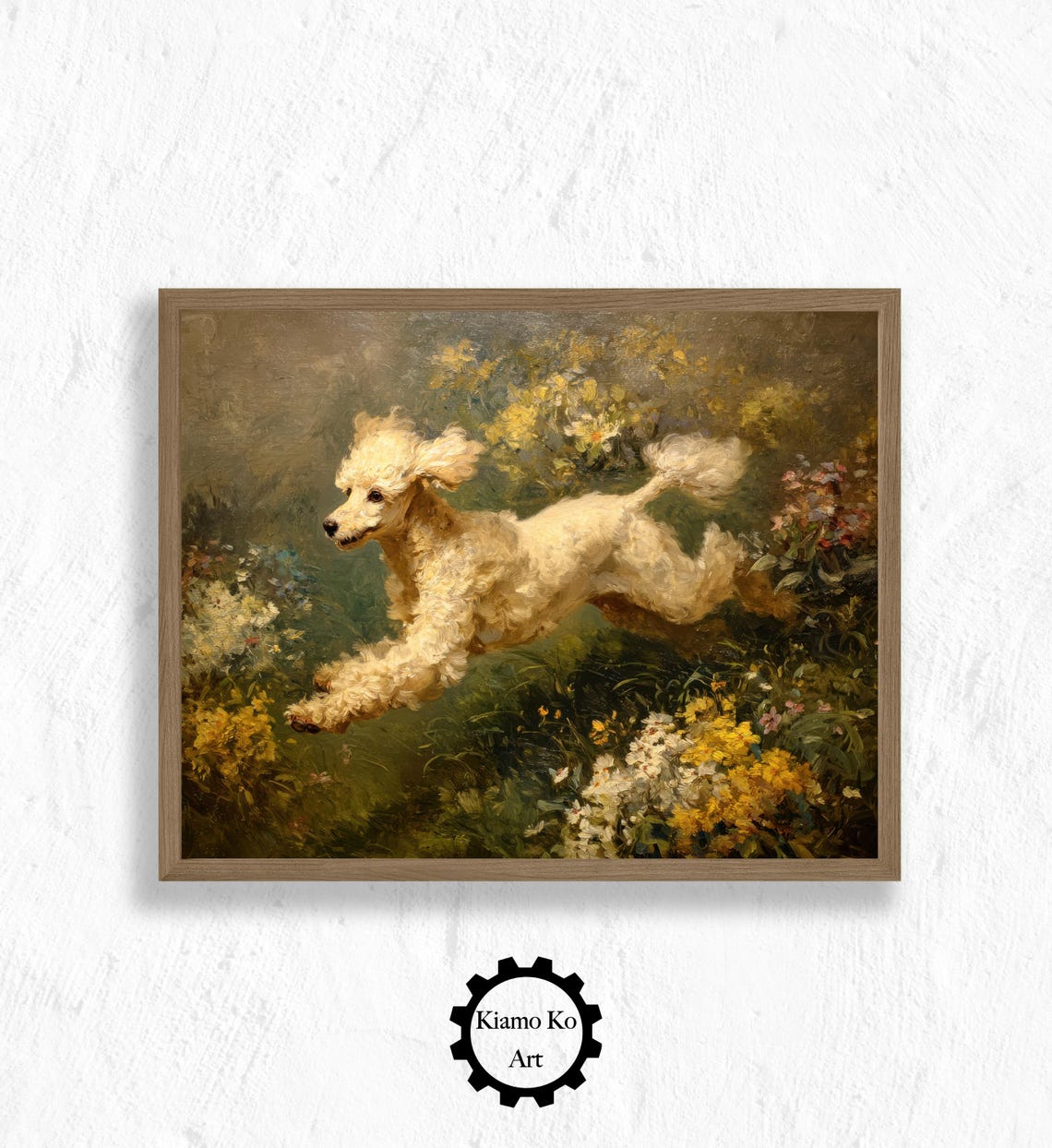 White Poodle Running Through A Flower Garden Painting Poster