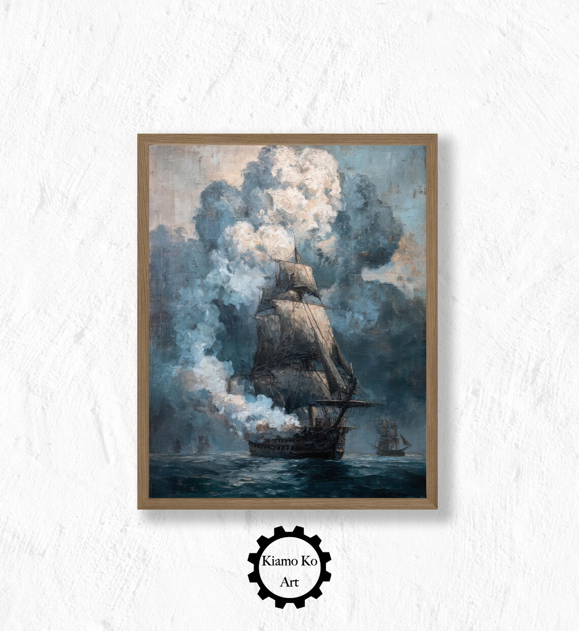 Tall Ship with Cannon Smoke in a Dramatic Seascape Marine Oil Painting Poster