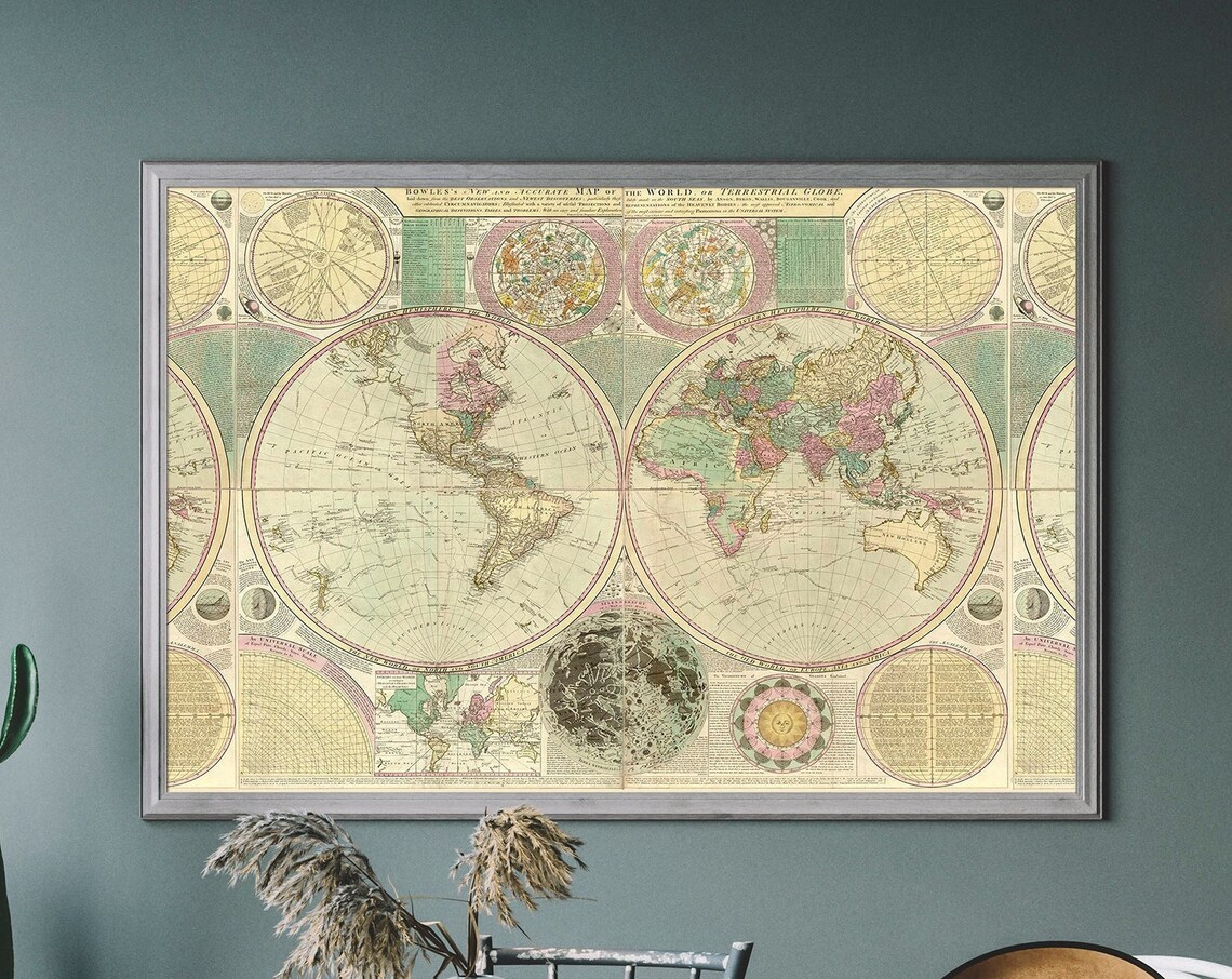 Vintage World Map Art Print, Antique Travel Style