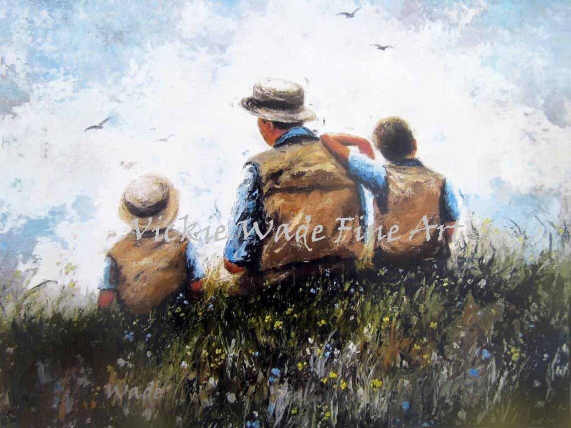 Father With Two Sons in Vests Sitting Together in a Meadow Poster