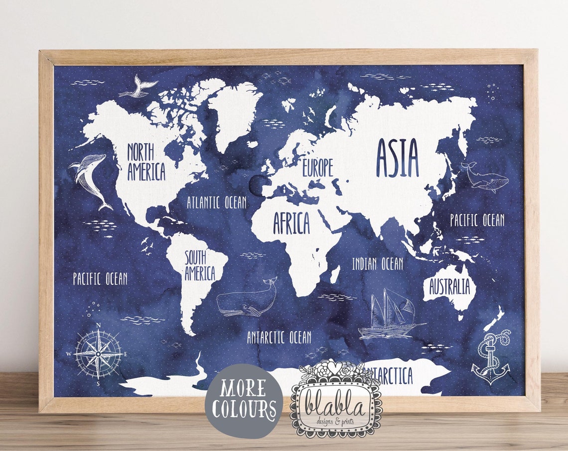 Nautical Navy Watercolour Kids World Map With Whales Compass Poster