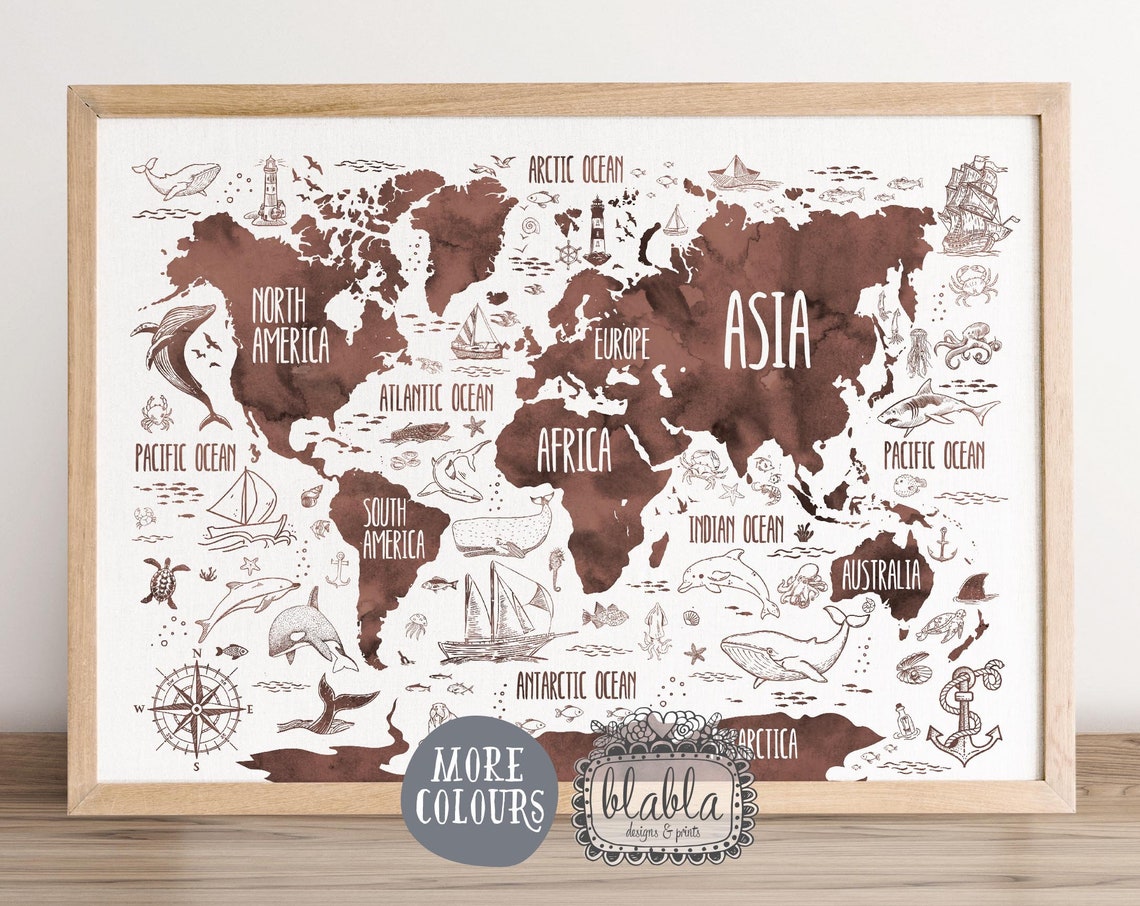 World Map Nautical Sepia Ocean Wildlife Kids Educational Poster