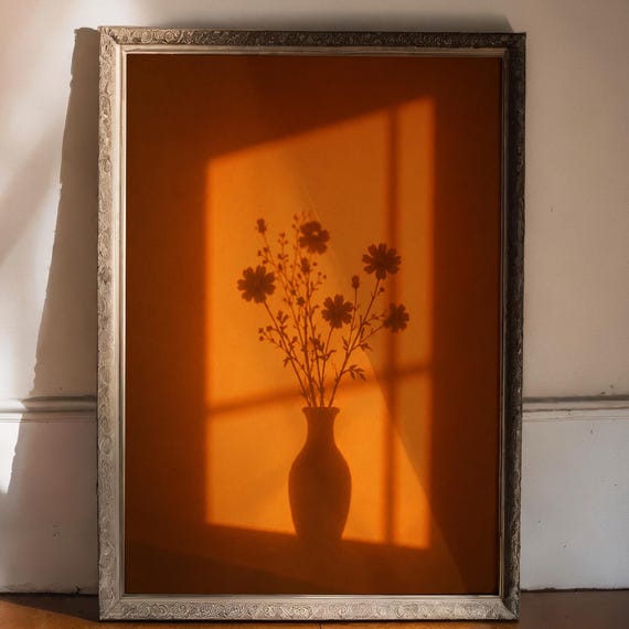 Golden Window Light Flower Shadow Wall Poster Minimalist Sunlight Silhouette Art Print Digital Download