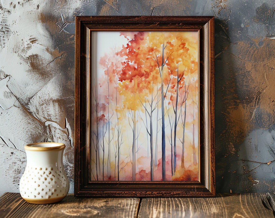 Tall Autumn Trees Red Yellow Foliage Misty Watercolor Poster - Image 5