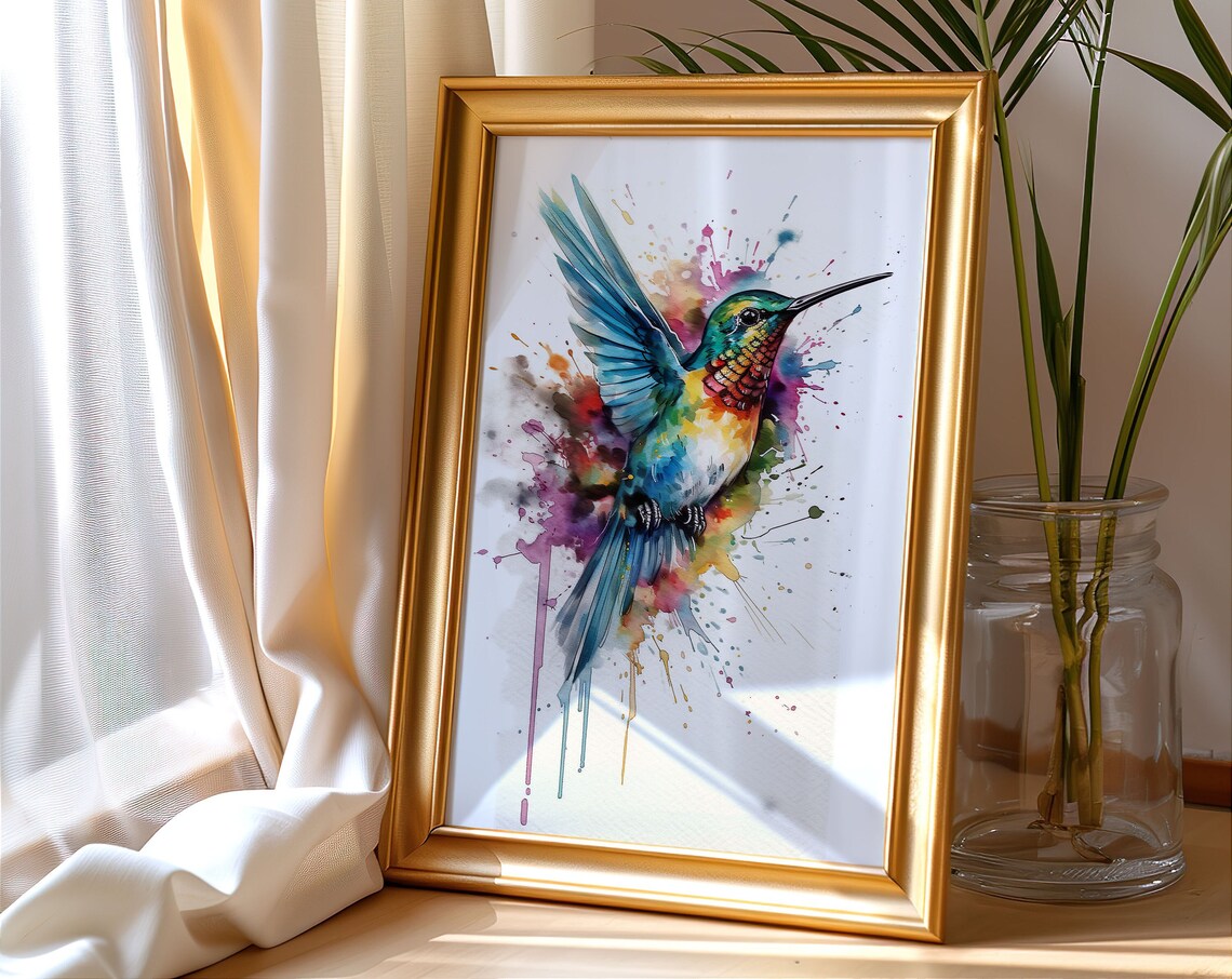 Hummingbird Colorful Watercolor Art Flying Bird Teal Splash Poster
