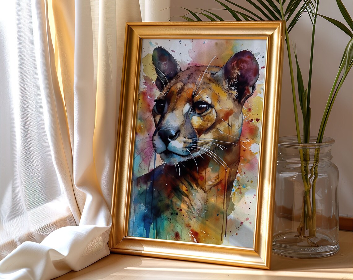 Cougar Colorful Watercolor Portrait Tawny Big Cat Splash Art Poster