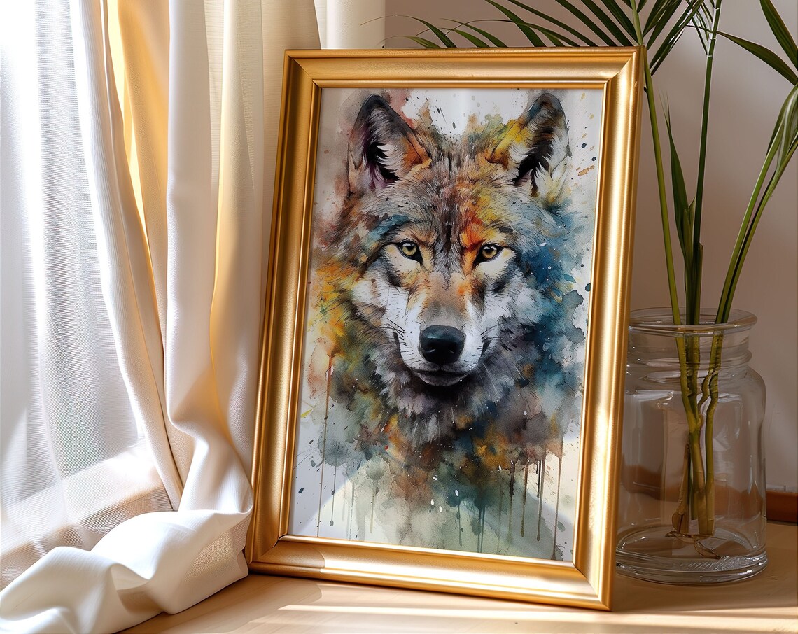 Gray Wolf Watercolor Portrait Wild Animal Forest Scene Poster