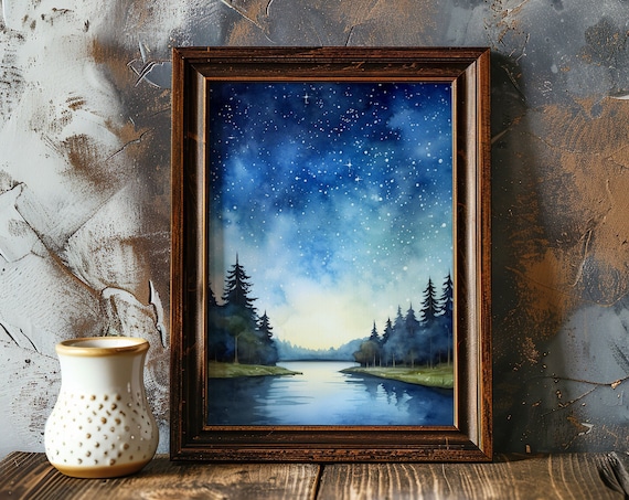 Watercolor Starry Night Sky Painting Wall Art Poster Gift Colorful Painting Illustration Nature Minimalist Decor Living Room