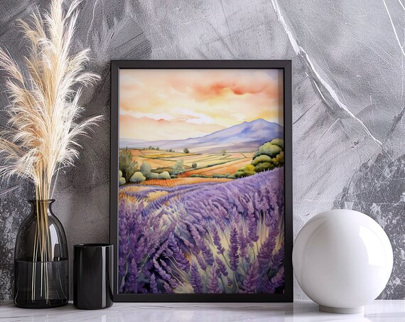 Lavender Fields at Sunset Watercolor Provence Landscape Poster