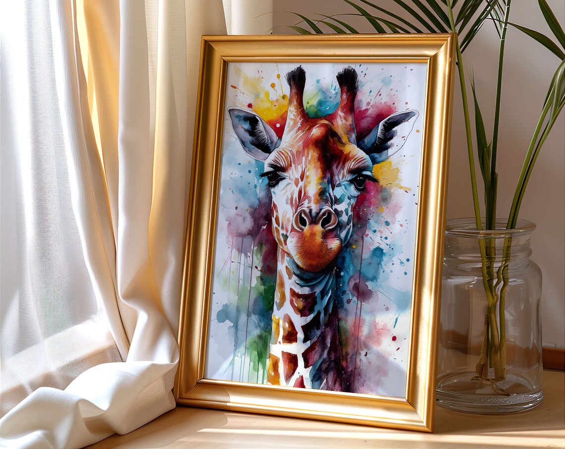 Giraffe Face Watercolor Splash Safari Wildlife Portrait Poster