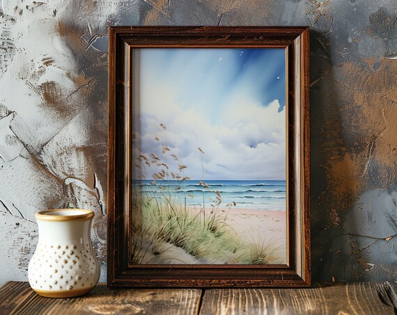Beach Seashore Watercolor with Dune Grass Ocean Waves Poster