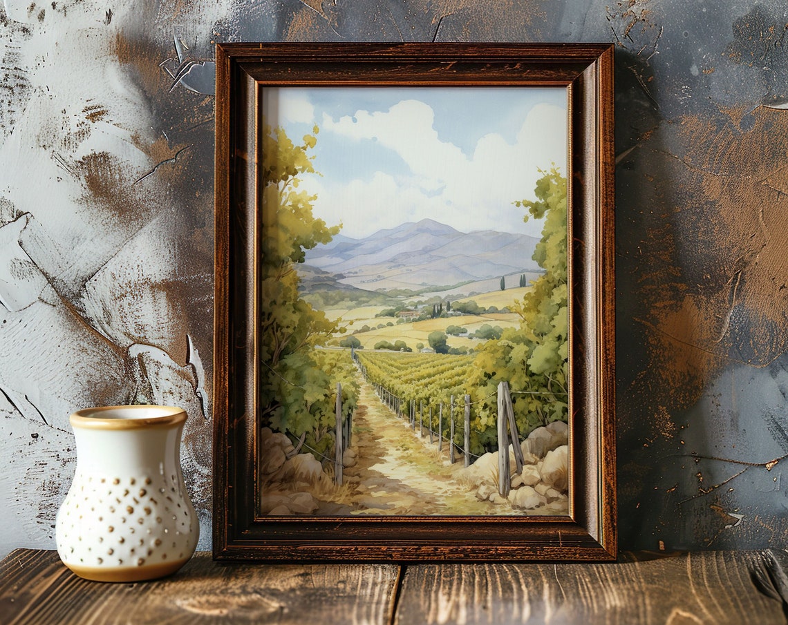 Tuscan Vineyard Path Rolling Hills Watercolor Countryside Art Poster