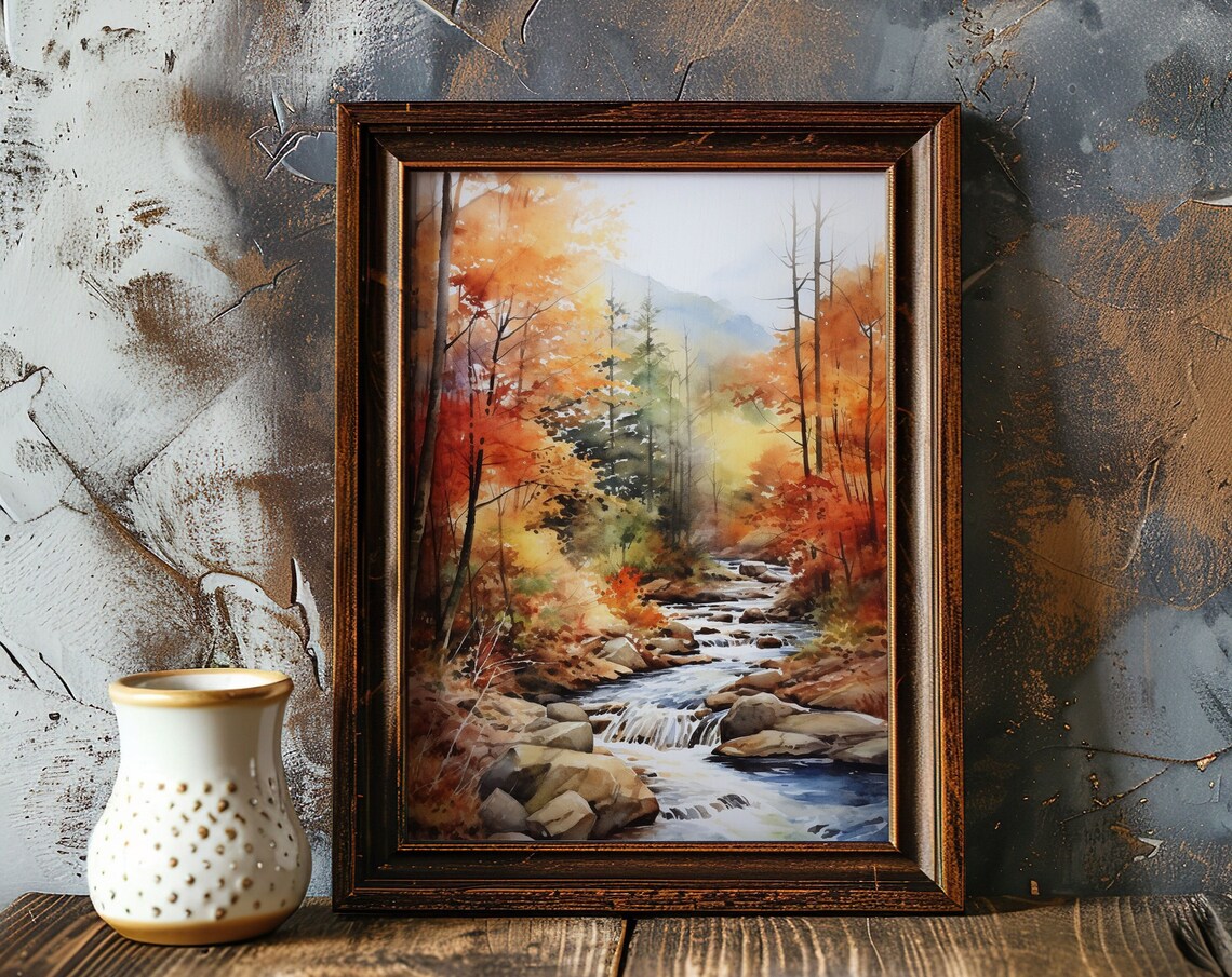 Autumn Forest Stream Rocky Creek Fall Watercolor Landscape Poster
