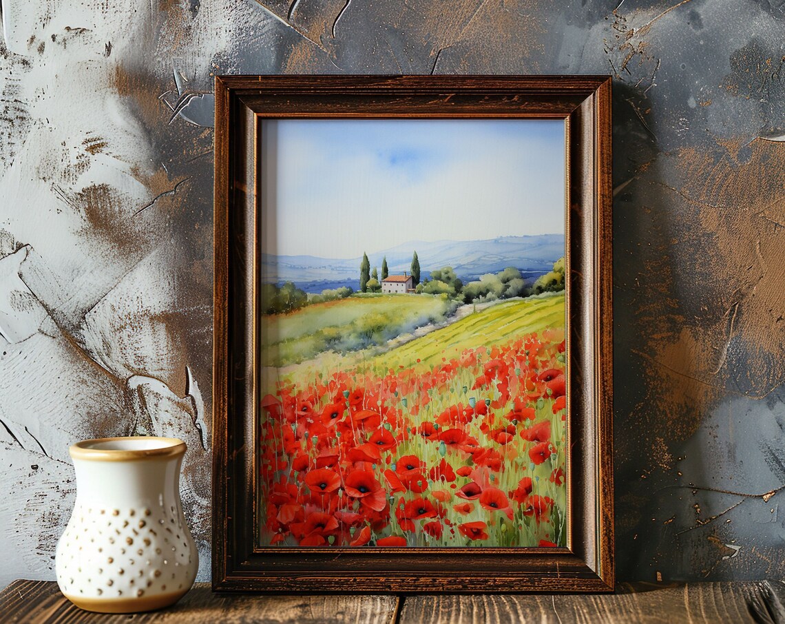 Red Poppy Field Watercolor Landscape Farmhouse Hills Art Poster - Image 5