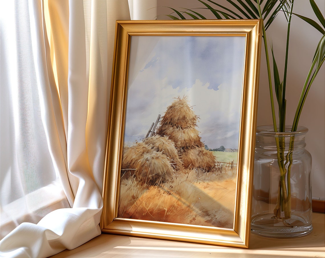 Golden Haystacks Watercolor Field Rustic Farm Harvest Scene Poster - Image 4
