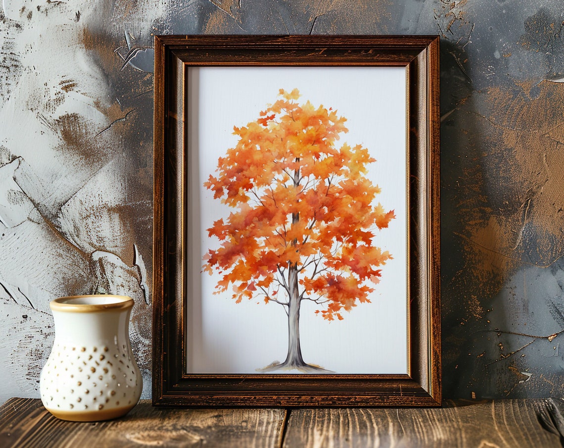Autumn Maple Tree in Rich Fall Color Watercolor Tree Art Poster
