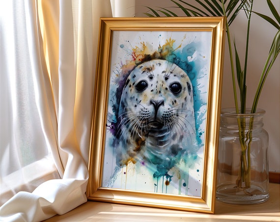 Seal Painting Wall Art Poster Gift Watercolor Colorful Animal Painting Illustration Nature Wall Art Home Decor Print