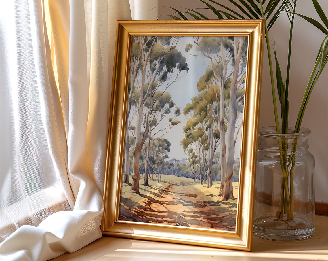Eucalyptus Trees Watercolor Sunlit Grove Path Golden Scene Poster - Image 5