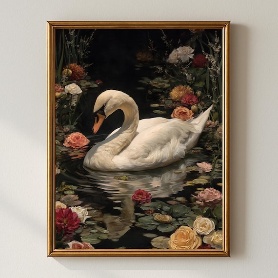 Swan And Roses Oil Painting Romantic Fine Art Print Vintage Botanical Wall Elegant Nature Decor Classical