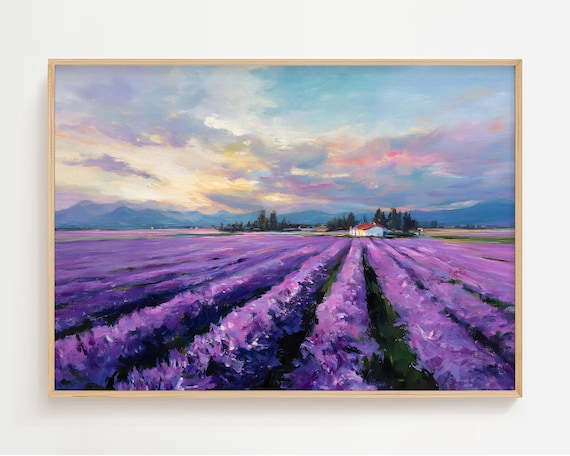 Lavender Field Sunset Rows Farmhouse Purple Bloom Landscape Poster