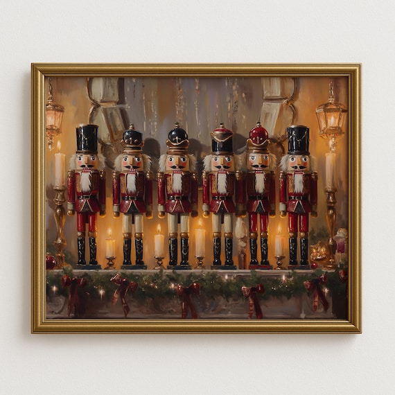 Nutcracker Christmas Soldiers Festive Red Gold Holiday Art Poster
