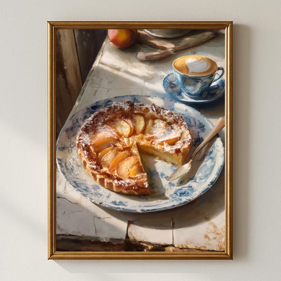 Peach Tart And Coffee Wall Art European Caf Painting Rustic Kitchen Decor Still Life Print Warm Cozy Morning Artwork