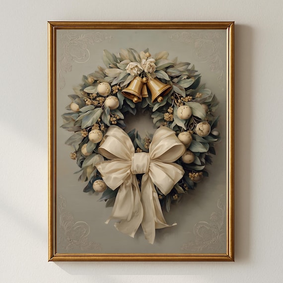 Elegant Neutral Christmas Wreath With Bells And Bow Wall Art